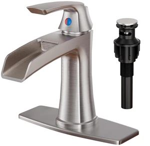 Bathroom Faucets Brushed Nickel, Waterfall Bathroom Sink Faucet Modern Single Handle for 1 or 3 Holes, Vanity Faucet with Deck Plate and Drain Bathroom Faucets Brushed Nickel, Waterfall Bathroom Sink Faucet Modern Single Handle for 1 or 3 Holes, Vanity Faucet with Deck Plate and Drain