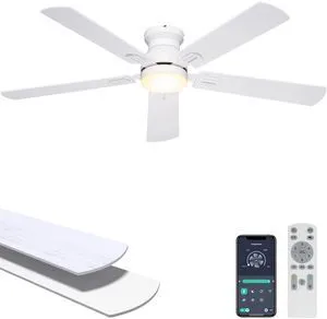 52'' Low Profile Ceiling Fan with Lights, Remote/APP Control, White Flush Mount, Dimmable 3CCT LED, Quiet Reversible DC Motor; Memory Function, 5475 CFM, for Bedroom Living Room Kitchen 52'' Low Profile Ceiling Fan with Lights, Remote/APP Control, White Flush Mount, Dimmable 3CCT LED, Quiet Reversible DC Motor; Memory Function, 5475 CFM, for Bedroom Living Room Kitchen
