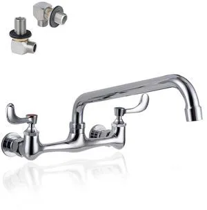 8" Center Wall Mount Commercial Sink Faucet with 10" Swivel Spout Brass 3 Compartment Sink Faucet with Wrist Blade Handle, 1.8 GPM Spout, 2 Hole Mount & Dual Handles, 1/2" NPT, Chrome Finish 8" Center Wall Mount Commercial Sink Faucet with 10" Swivel Spout Brass 3 Compartment Sink Faucet with Wrist Blade Handle, 1.8 GPM Spout, 2 Hole Mount & Dual Handles, 1/2" NPT, Chrome Finish