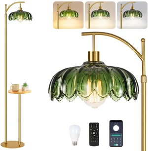 Glass Floor Lamp with Table and Shelves for Living Room Bedroom,Gold Standing Lamp with Remote Dimmable,Boho Brass Tall Lamp Vintage Farmhouse Arc Green Flower Floor Light Bohemian Glass Floor Lamp with Table and Shelves for Living Room Bedroom,Gold Standing Lamp with Remote Dimmable,Boho Brass Tall Lamp Vintage Farmhouse Arc Green Flower Floor Light Bohemian