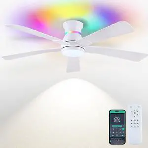52" White Ceiling Fans with RGB Lights - Flush Mount Ceiling Fan Light with LED 3CCT Dimmable, Modern Low Profile Ceiling Fans for Indoor Party,Covered Outdoor 52" White Ceiling Fans with RGB Lights - Flush Mount Ceiling Fan Light with LED 3CCT Dimmable, Modern Low Profile Ceiling Fans for Indoor Party,Covered Outdoor