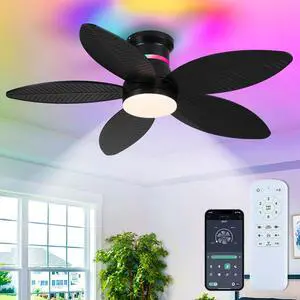 46" Black Ceiling Fans with RGB Lights - Flush Mount Ceiling Fan Light with LED 3CCT Dimmable, Tropical Palm Leaf Ceiling Fans for Indoor Party,Covered Outdoor 46" Black Ceiling Fans with RGB Lights - Flush Mount Ceiling Fan Light with LED 3CCT Dimmable, Tropical Palm Leaf Ceiling Fans for Indoor Party,Covered Outdoor