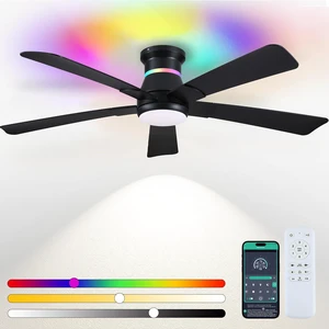 52" Black Ceiling Fans with RGB Lights - Flush Mount Ceiling Fan Light with LED 3CCT Dimmable, Modern Low Profile Ceiling Fans for Indoor Party,Covered Outdoor 52" Black Ceiling Fans with RGB Lights - Flush Mount Ceiling Fan Light with LED 3CCT Dimmable, Modern Low Profile Ceiling Fans for Indoor Party,Covered Outdoor