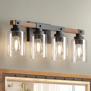 4-Light Farmhouse Bathroom Vanity Light, Seeded Glass, Black & Wood Bubble Glass Shade Wall Sconce, Over Mirror Lighting for Bathroom, Bedroom, Living Room, Hallway, Powder Room, Entryway 4-Light Farmhouse Bathroom Vanity Light, Seeded Glass, Black & Wood Bubble Glass Shade Wall Sconce, Over Mirror Lighting for Bathroom, Bedroom, Living Room, Hallway, Powder Room, Entryway