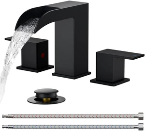 Bathroom Faucet 3 Hole 8 Inch Widespread Vanity Sink Matte Black Square Waterfall Bathroom Sink Faucet Two Handles with Pop-up Drain, Lead-Free, for RV Vanity Lavatory and Restroom Basin Bathroom Faucet 3 Hole 8 Inch Widespread Vanity Sink Matte Black Square Waterfall Bathroom Sink Faucet Two Handles with Pop-up Drain, Lead-Free, for RV Vanity Lavatory and Restroom Basin