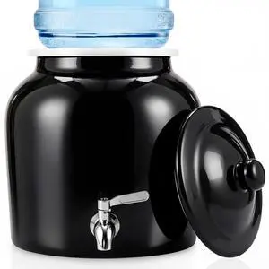 Ceramic Crock Water Dispenser, Regular Style, Black, 1 Set Fits 3 to 5 Gallon Jug, Metal Spigot Tap, Decorative Design, Ideal for Home Kitchen Office Party Beverage Serving Station Ceramic Crock Water Dispenser, Regular Style, Black, 1 Set Fits 3 to 5 Gallon Jug, Metal Spigot Tap, Decorative Design, Ideal for Home Kitchen Office Party Beverage Serving Station