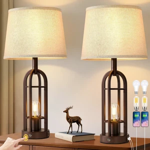 24" Table Lamps for Living Room Set of 2, Rustic Farmhouse 3-Way Dimmable Touch Industrial Bedside Lamps with USB A+C for Bedroom Nightstand4 Bulbs Included 24" Table Lamps for Living Room Set of 2, Rustic Farmhouse 3-Way Dimmable Touch Industrial Bedside Lamps with USB A+C for Bedroom Nightstand4 Bulbs Included