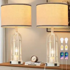 Farmhouse Table Lamps for Living Room Set of 2 - Rustic Industrial Lamps for Night Stands with Night Light & USB A+C, 24" Vintage Bedside Lamp for Bedroom, Bulbs Included Farmhouse Table Lamps for Living Room Set of 2 - Rustic Industrial Lamps for Night Stands with Night Light & USB A+C, 24" Vintage Bedside Lamp for Bedroom, Bulbs Included