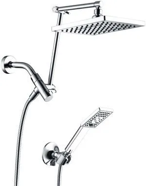 High Pressure Rain Shower Head Combo with Double Extension Arm, 8 Inch Rainfall Shower Head with Handheld Spray, Height Adjustable Dual Square Showerhead Set, Chrome High Pressure Rain Shower Head Combo with Double Extension Arm, 8 Inch Rainfall Shower Head with Handheld Spray, Height Adjustable Dual Square Showerhead Set, Chrome