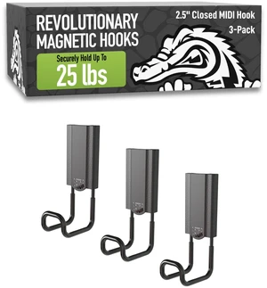 MIDI 2.5 in Closed Hooks, 25 lb Magnetic Hooks 3 Pack Patented Easy-Release, Non-Slip Grip. Works on toolboxes, garage, steel cabinets, workbenches, utility vans & lockers MIDI 2.5 in Closed Hooks, 25 lb Magnetic Hooks 3 Pack Patented Easy-Release, Non-Slip Grip. Works on toolboxes, garage, steel cabinets, workbenches, utility vans & lockers