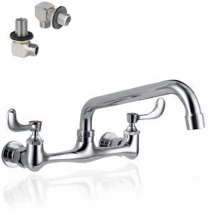 8" Center Wall Mount Commercial Sink Faucet with 8" Swivel Spout Brass 3 Compartment Sink Faucet with Wrist Blade Handle, 1.8 GPM Spout, 2 Hole Mount & Dual Handles, 1/2" NPT, Chrome Finish 8" Center Wall Mount Commercial Sink Faucet with 8" Swivel Spout Brass 3 Compartment Sink Faucet with Wrist Blade Handle, 1.8 GPM Spout, 2 Hole Mount & Dual Handles, 1/2" NPT, Chrome Finish