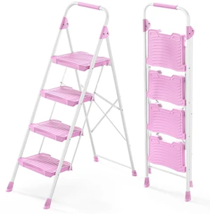 4 Step Ladder, 900lbs Sturdy Step Stool with Handrail, Anti-Slip Wide Pedals, Foldable Stepladder for Home, Garage, Garden, Household, Pink, Pass 900LBS Testing 4 Step Ladder, 900lbs Sturdy Step Stool with Handrail, Anti-Slip Wide Pedals, Foldable Stepladder for Home, Garage, Garden, Household, Pink, Pass 900LBS Testing