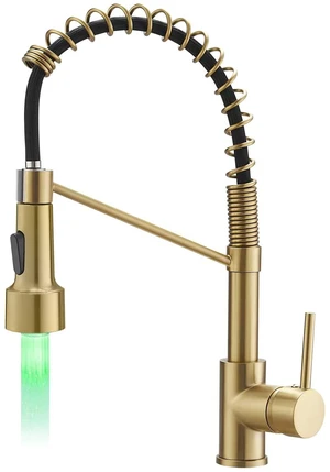 Gold Kitchen Faucet with Sprayer,Modern Single Handle Spring Brushed Gold Pull Down Kitchen Faucet with LED Light Gold Kitchen Faucet with Sprayer,Modern Single Handle Spring Brushed Gold Pull Down Kitchen Faucet with LED Light