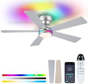 RGB Ceiling Fans with Lights, 46" Flush Mount Ceiling Fan with Remote APP, RGB+3CCT Dimmable Led Light, Reversible 6 Wind Speeds&2H Timer, Low Profile Modern Fan Light Fixture for Bedroom Party Silver RGB Ceiling Fans with Lights, 46" Flush Mount Ceiling Fan with Remote APP, RGB+3CCT Dimmable Led Light, Reversible 6 Wind Speeds&2H Timer, Low Profile Modern Fan Light Fixture for Bedroom Party Silver