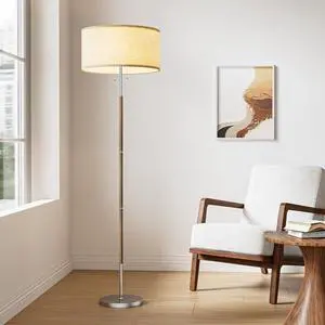 2-Light 3 Color Temperature Mid Century Floor Lamp for Living Room 61" Wood Tone & Brushed Nickel Tall Standing Lamp for Bedroom and Office with Beige Fabric Lampshade, 6500K 9W Bulbs Included 2-Light 3 Color Temperature Mid Century Floor Lamp for Living Room 61" Wood Tone & Brushed Nickel Tall Standing Lamp for Bedroom and Office with Beige Fabric Lampshade, 6500K 9W Bulbs Included