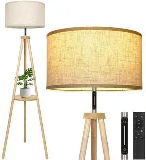 Wood Tripod Floor Lamp with Shelves, Mid Century LED Modern Dimmable Floor Lamp with Remote Control, Sturdy Tall Standing Lamp with Beige Lamp Shade for Living Room, Bedroom, Office Wood Tripod Floor Lamp with Shelves, Mid Century LED Modern Dimmable Floor Lamp with Remote Control, Sturdy Tall Standing Lamp with Beige Lamp Shade for Living Room, Bedroom, Office