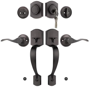 Oil Rubbed Bronze Double Front Door Handleset with Deadbolt Upgraded Entry Door Handle Featuring Accent Wave Lever, Keyed & Dummy Exterior Handleset Combination Oil Rubbed Bronze Double Front Door Handleset with Deadbolt Upgraded Entry Door Handle Featuring Accent Wave Lever, Keyed & Dummy Exterior Handleset Combination