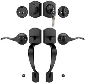 Matte Black Double Front Door Handleset with Deadbolt Upgraded Entry Door Handle Featuring Accent Wave Lever, Keyed & Dummy Exterior Handleset Combination Matte Black Double Front Door Handleset with Deadbolt Upgraded Entry Door Handle Featuring Accent Wave Lever, Keyed & Dummy Exterior Handleset Combination
