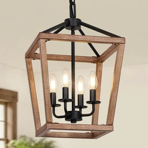 4 Light Farmhouse Chandelier, Lantern Ceiling Light Fixture with Brushed Rustic Wood Metal Cage and Adjustable Chain, E12 Base Geometric Hanging Lights for Dining Room Kitchen Island Entryway, Indoor 4 Light Farmhouse Chandelier, Lantern Ceiling Light Fixture with Brushed Rustic Wood Metal Cage and Adjustable Chain, E12 Base Geometric Hanging Lights for Dining Room Kitchen Island Entryway, Indoor
