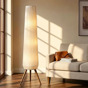61'' Oatmeal Fabric Pleated Floor Lamp, Walnut Wood Tripod Base | 3 Built-in Light Sockets Standing Lamp, Soft Ambient Lighting Boho Wabi-Sabi Style Lamp for Living Room Bedroom Home Decor 61'' Oatmeal Fabric Pleated Floor Lamp, Walnut Wood Tripod Base | 3 Built-in Light Sockets Standing Lamp, Soft Ambient Lighting Boho Wabi-Sabi Style Lamp for Living Room Bedroom Home Decor