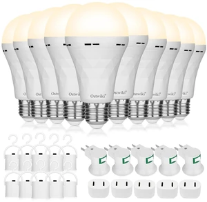 Emergency Rechargeable Light Bulbs 10 Pack A21 3000K Warm 9W E26 E27 Battery Powered Bulb Auto-On During Power Outage, Hurricane Camping,with hook,plug caps and socket Emergency Rechargeable Light Bulbs 10 Pack A21 3000K Warm 9W E26 E27 Battery Powered Bulb Auto-On During Power Outage, Hurricane Camping,with hook,plug caps and socket
