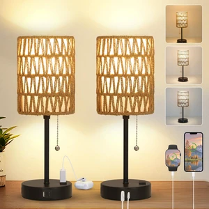 Rattan Bedside Table Lamps Set of 2 - Boho Lamps With 3 Color Temperatures & USB AC Port, Pull Chain Table Lamp For Bedroom, Cute Small Lamp For Nightstand Office Desk Bed Side End Table Living Room Rattan Bedside Table Lamps Set of 2 - Boho Lamps With 3 Color Temperatures & USB AC Port, Pull Chain Table Lamp For Bedroom, Cute Small Lamp For Nightstand Office Desk Bed Side End Table Living Room