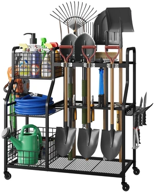Garden Tool Holder Organizer with Heavy Duty Wheels for Garage 3 Tier Yard Tool Holder with 35 Long-Handled Tool Slots, Heavy Duty Garden Tool Rack for Shed, Yard, Garage Garden Tool Holder Organizer with Heavy Duty Wheels for Garage 3 Tier Yard Tool Holder with 35 Long-Handled Tool Slots, Heavy Duty Garden Tool Rack for Shed, Yard, Garage