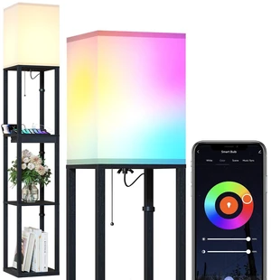RGB Floor Lamp with Shelves, Solid Wood Shelf Lamps for Living Room Smart APP RGB Bulb, 1 Drawer & 2 USB Ports & 2 Power Outlet, Modern Standing Lamp, Corner Tall Bookshelf for Bedroom RGB Floor Lamp with Shelves, Solid Wood Shelf Lamps for Living Room Smart APP RGB Bulb, 1 Drawer & 2 USB Ports & 2 Power Outlet, Modern Standing Lamp, Corner Tall Bookshelf for Bedroom