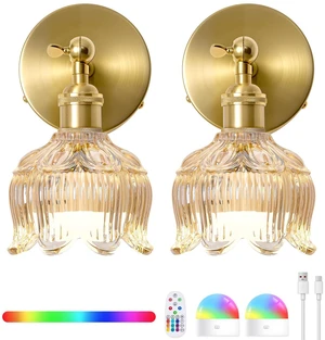 Vintage Battery Operated Wall Sconces: Set of 2 Rechargeable Wireless Decor 5000mAh Cordless Dimmable Lights Remote Control, Antique Brass Powered Sconce, Cognac Flower Glass Light for Bedroom Bedside Vintage Battery Operated Wall Sconces: Set of 2 Rechargeable Wireless Decor 5000mAh Cordless Dimmable Lights Remote Control, Antique Brass Powered Sconce, Cognac Flower Glass Light for Bedroom Bedside