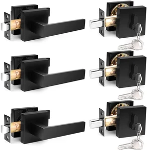 Flat Black Passage Door Lever with Single Cylinder Deadbolts Combo Pack, Modern Square Lock Set Handleset,Exterior Door Handle and Deadbolts Set,Exterior Door Lever Passage 3 Pack Flat Black Passage Door Lever with Single Cylinder Deadbolts Combo Pack, Modern Square Lock Set Handleset,Exterior Door Handle and Deadbolts Set,Exterior Door Lever Passage 3 Pack