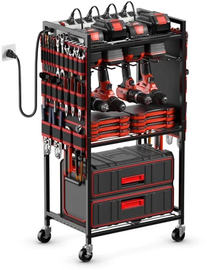 Power Tool Organizer Cart with Charging Station, 6 FT Cord, Red Floor Standing, Large Garage Rolling Storage Cart on Wheels, Heavy Duty Drill Battery Storage Rack, with 8 Outlet Power Strip Power Tool Organizer Cart with Charging Station, 6 FT Cord, Red Floor Standing, Large Garage Rolling Storage Cart on Wheels, Heavy Duty Drill Battery Storage Rack, with 8 Outlet Power Strip