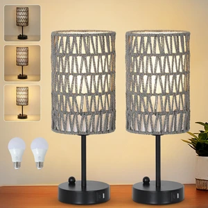 Gray Bedside Lamps Set of 2, Touch Control Night Stand Lamp for Bedroom with Rattan & Linen Shade & Bulbs, 3 Way Dimmable Small Boho Table Lamps with USB Charging Port & Phone Stand Gray Bedside Lamps Set of 2, Touch Control Night Stand Lamp for Bedroom with Rattan & Linen Shade & Bulbs, 3 Way Dimmable Small Boho Table Lamps with USB Charging Port & Phone Stand