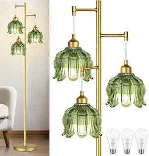 Vintage Floor Lamps for Living Room Bedroom-3 Light Gold Floor Lamp with Glass Lampshape, Flower Green Tall Lamp Mid Century Modern Standing Lamp Tree Floor Lamp for Bedroom Living Room Corner Vintage Floor Lamps for Living Room Bedroom-3 Light Gold Floor Lamp with Glass Lampshape, Flower Green Tall Lamp Mid Century Modern Standing Lamp Tree Floor Lamp for Bedroom Living Room Corner