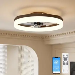 Low Profile Ceiling Fans with Lights and Remote, 19.7in Fandelier Ceiling Fan with Light, 3000K-6500K Dimmable Bladeless LED Fan Light, Brown Flush Mount Ceiling Fans with Lights for Bedroom Low Profile Ceiling Fans with Lights and Remote, 19.7in Fandelier Ceiling Fan with Light, 3000K-6500K Dimmable Bladeless LED Fan Light, Brown Flush Mount Ceiling Fans with Lights for Bedroom