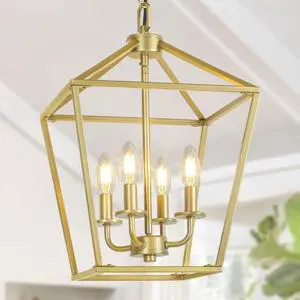 4 Light Gold Chandelier, Industrial Ceiling Light Lantern Light Fixtures with Farmhouse Metal Cage Adjustable Height Rustic Geometric Hanging Light E12 Base for Kitchen Island, Entryway, Indoor 4 Light Gold Chandelier, Industrial Ceiling Light Lantern Light Fixtures with Farmhouse Metal Cage Adjustable Height Rustic Geometric Hanging Light E12 Base for Kitchen Island, Entryway, Indoor