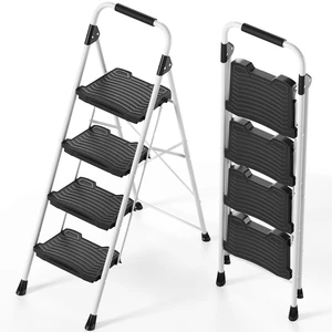 4 Step Folding Ladder, 900 lbs Load Capacity, Non-Skid Large Pedals, Handrail, Safety Lock, Sturdy Step Stool for Home, Office, Garden, Multi-Purpose, White 4 Step Folding Ladder, 900 lbs Load Capacity, Non-Skid Large Pedals, Handrail, Safety Lock, Sturdy Step Stool for Home, Office, Garden, Multi-Purpose, White