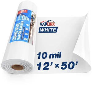 White Crawl Space Vapor Barrier, 10 Mil Vapor Barrier, 12' x 50', Heavy Duty Polyethylene Film, Thick Plastic Sheeting, Plastic Drop Cloth Covering for Crawlspace, Basement, White White Crawl Space Vapor Barrier, 10 Mil Vapor Barrier, 12' x 50', Heavy Duty Polyethylene Film, Thick Plastic Sheeting, Plastic Drop Cloth Covering for Crawlspace, Basement, White
