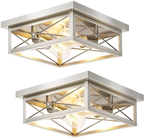 Brushed Nickle Hallway Light Fixtures, 2-Light Modern Farmhouse Flush Mount Ceiling Lights, 2-Pack Chrome Kitchen Light Fixtures, Square Close to Ceiling Lights for Bedroom Living Room Entryway Brushed Nickle Hallway Light Fixtures, 2-Light Modern Farmhouse Flush Mount Ceiling Lights, 2-Pack Chrome Kitchen Light Fixtures, Square Close to Ceiling Lights for Bedroom Living Room Entryway