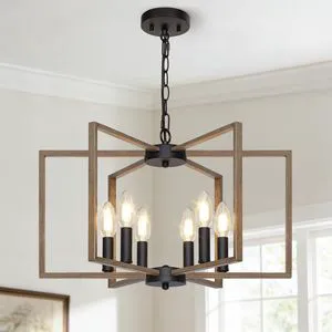 6 Light Farmhouse Chandelier, Dining Room Light Fixture, Wood Grain Painted Metal Geometric Ceiling Light with E12 Base, Rustic Hanging Pendant Lights for Kitchen Island Entryway Foyer, Indoor 6 Light Farmhouse Chandelier, Dining Room Light Fixture, Wood Grain Painted Metal Geometric Ceiling Light with E12 Base, Rustic Hanging Pendant Lights for Kitchen Island Entryway Foyer, Indoor