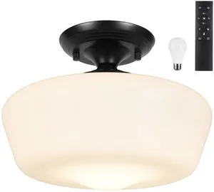 Schoolhouse Style Semi Flush Mount Ceiling Light with Dimmable Bulb Remote Control, 12" Modern Gold Hallway Ceiling Lamp with Opal Milk Glass Shade, Farmhouse Globe Light for Bedroom Kitchen Laundry Schoolhouse Style Semi Flush Mount Ceiling Light with Dimmable Bulb Remote Control, 12" Modern Gold Hallway Ceiling Lamp with Opal Milk Glass Shade, Farmhouse Globe Light for Bedroom Kitchen Laundry