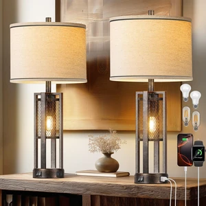 28'' Farmhouse Industrial Table Lamp Set of 2 - Rustic Bedside Nightstand Lamps with Dual USB A+C Ports, Bronze Metal Mesh Nightlight Desk Lamps for Bedroom Living Room, 4 LED Bulbs Included 28'' Farmhouse Industrial Table Lamp Set of 2 - Rustic Bedside Nightstand Lamps with Dual USB A+C Ports, Bronze Metal Mesh Nightlight Desk Lamps for Bedroom Living Room, 4 LED Bulbs Included