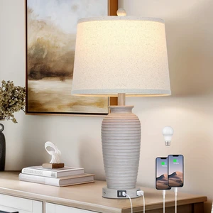 25" Vintage Farmhouse Jar Table Lamps, Single Rustic Bedside Lamp with USB A+C Ports & AC Outlet, Nightstand Lamps for Living Room, Bedroom, End Table, Grey White(LED Bulb Included) 25" Vintage Farmhouse Jar Table Lamps, Single Rustic Bedside Lamp with USB A+C Ports & AC Outlet, Nightstand Lamps for Living Room, Bedroom, End Table, Grey White(LED Bulb Included)