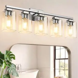 31 Bathroom Light Fixtures, 5-Light Vanity Light Brushed Nickel Square Clear Glass & Durable Metal, Quick & Easy Installation, Standard E26 Socket, Bright Bathroom Lighting 31 Bathroom Light Fixtures, 5-Light Vanity Light Brushed Nickel Square Clear Glass & Durable Metal, Quick & Easy Installation, Standard E26 Socket, Bright Bathroom Lighting