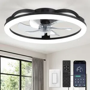 23" Ceiling Fans with Lights and Remote for Bedroom, Black Low Profile Fan Light, 3000K-6000K Stepless Dimmable Fandelier, 6 Speed, Reversible DC Motor, APP & Remote Control, Low Noice 23" Ceiling Fans with Lights and Remote for Bedroom, Black Low Profile Fan Light, 3000K-6000K Stepless Dimmable Fandelier, 6 Speed, Reversible DC Motor, APP & Remote Control, Low Noice
