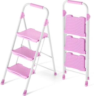 3 Step Ladder, Sturdy Step Stool with Handrail, Anti-Slip Wide Pedals, 900lbs Foldable Step Stool for Home, Garage, Garden, Household, Large Loading Capacity, Pink 3 Step Ladder, Sturdy Step Stool with Handrail, Anti-Slip Wide Pedals, 900lbs Foldable Step Stool for Home, Garage, Garden, Household, Large Loading Capacity, Pink