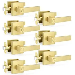 7 Pack Satin Brass Door Handles, Privacy Keyless Interior Gold Door Knobs, Heavy Duty Zinc Alloy Modern Square Door Handleset for Bedrooms Bathrooms, Reversible for Left & Right Handled Doors 7 Pack Satin Brass Door Handles, Privacy Keyless Interior Gold Door Knobs, Heavy Duty Zinc Alloy Modern Square Door Handleset for Bedrooms Bathrooms, Reversible for Left & Right Handled Doors