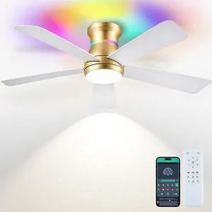 46" Ceiling Fans with RGB Lights - Flush Mount Ceiling Fan Light with LED 3CCT Dimmable, Modern Low Profile Gold Ceiling Fan with Reversible White Blades 46" Ceiling Fans with RGB Lights - Flush Mount Ceiling Fan Light with LED 3CCT Dimmable, Modern Low Profile Gold Ceiling Fan with Reversible White Blades