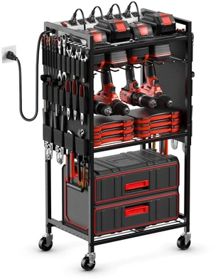 Power Tool Organizer Cart with Charging Station, 6 FT Cord, Black Floor Standing, Large Garage Rolling Storage Cart on Wheels, Heavy Duty Drill Battery Storage Rack, with 8 Outlet Power Strip Power Tool Organizer Cart with Charging Station, 6 FT Cord, Black Floor Standing, Large Garage Rolling Storage Cart on Wheels, Heavy Duty Drill Battery Storage Rack, with 8 Outlet Power Strip