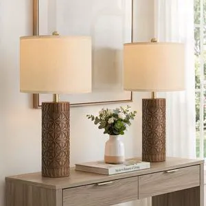 24.25" Modern Farmhouse Table Lamps Set of 2, Geometric Wood Grain Resin Bedside Lamps for Nightstand, Rustic Lamps for Living Room, Bedroom, Entryway, Home Decor, Linen Shade 24.25" Modern Farmhouse Table Lamps Set of 2, Geometric Wood Grain Resin Bedside Lamps for Nightstand, Rustic Lamps for Living Room, Bedroom, Entryway, Home Decor, Linen Shade