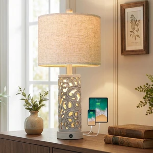 22'' Farmhouse Table Lamp for Living Room, Bedside Lamp with 2 USB Ports for Bedroom, Rustic Nightstand Lamp with Linen Lampshade for Office Hallway Home Decor, Distressed Grey (Bulb Included) 22'' Farmhouse Table Lamp for Living Room, Bedside Lamp with 2 USB Ports for Bedroom, Rustic Nightstand Lamp with Linen Lampshade for Office Hallway Home Decor, Distressed Grey (Bulb Included)